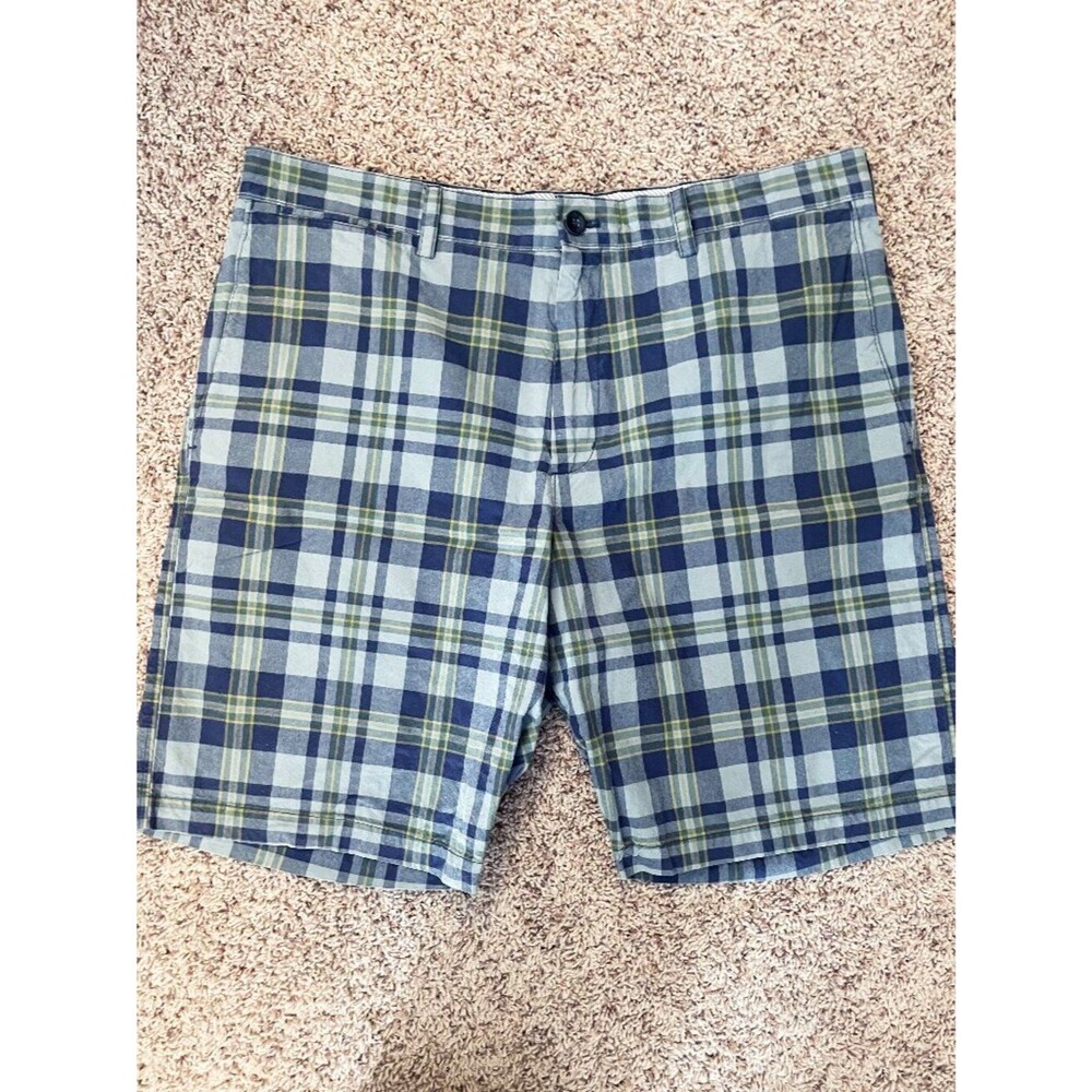 Banana Republic Men's Blue Green Plaid Cotton Flat Front Shorts Size 38 Preppy